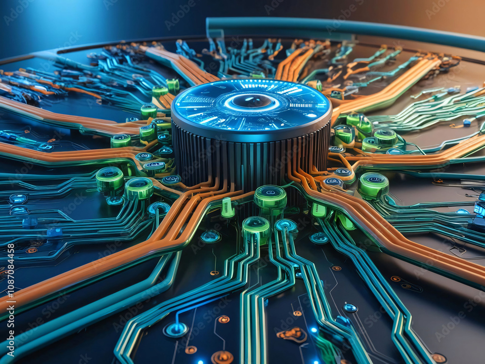 Aufkleber a vibrant circuit board featuring complex connections and glowing components in a mesmerizing patter