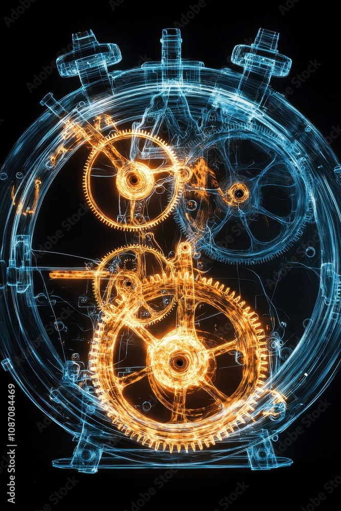 Poster intricate watch mechanism with exposed gears and cogs in blue and orange light, displaying the beaut