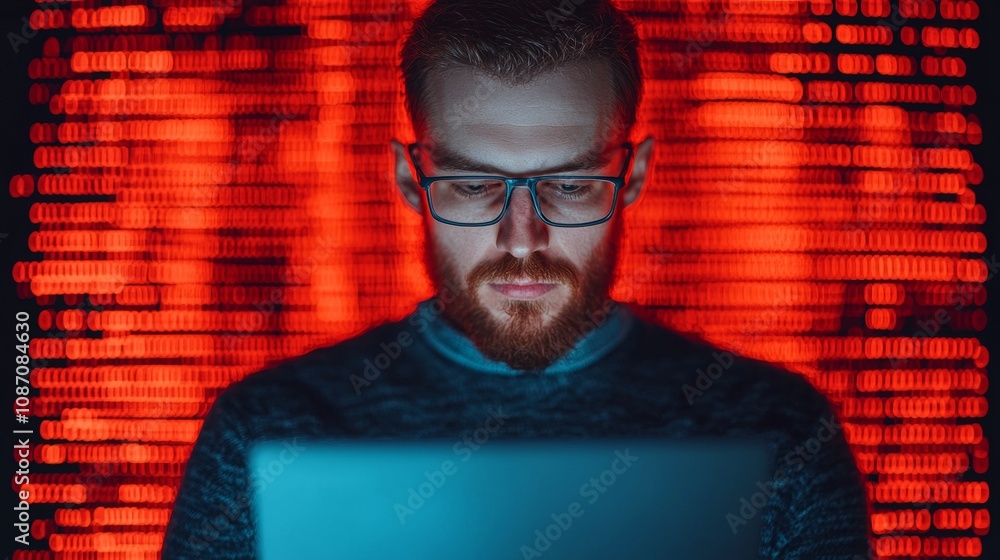 Poster scientist engaged in quantum encryption research, high-tech lab setting, ambient illumination, centr