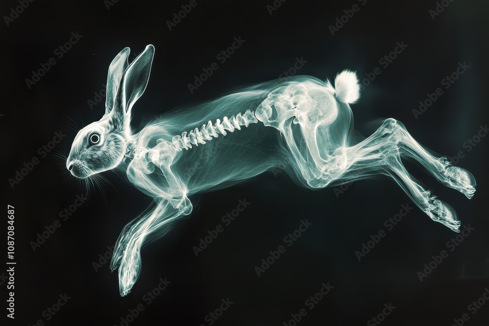 Poster x-ray image of a leaping rabbit showcasing skeletal structure, highlighting the intricate anatomy an
