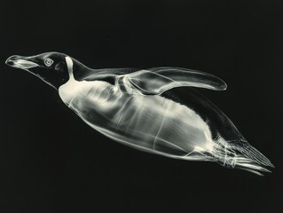 X-ray Image of Penguin in Motion, Capturing Unique Anatomy and Structure of Aquatic Bird, Showcasing Wings and Body in a Stunning Contrast Against Black Background