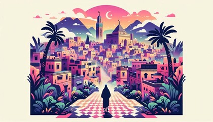 Obraz premium Cinematic illustration of a mysterious journey through the colorful streets of a Moroccan medina, capturing vibrant cultural elements under a mesmerizing double exposure sunset.