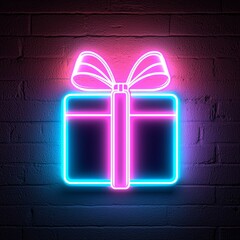 Neon gift box sign on brick wall.