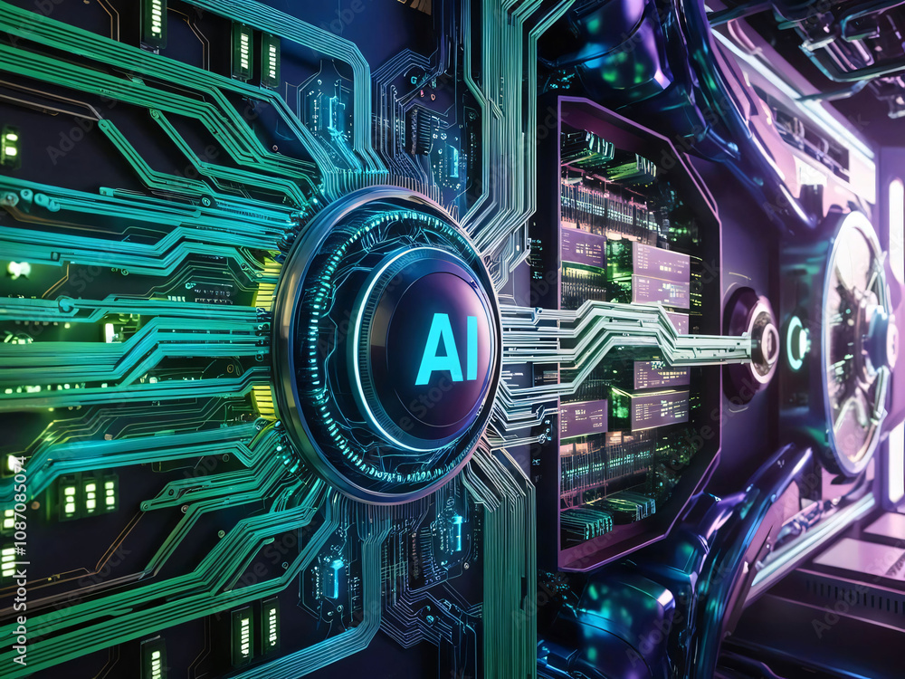 Poster the intricate circuit board features vibrant neon colors and ai branding, showcasing advanced techno