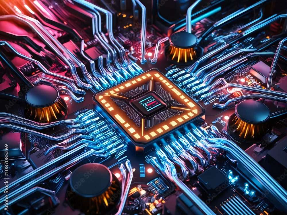 Poster a modern computer motherboard is filled with colorful circuit pathways and intricate components, hig