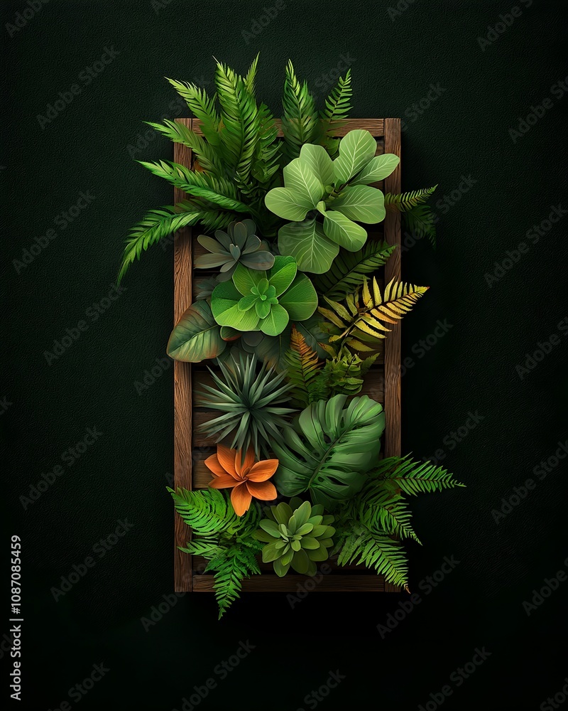 Poster wooden planter box showcasing a curated selection of lush flourishing plants vibrant foliage natural