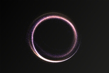 Gold circle with with glittering dust and shimmery particles. Light green Twirl. Curve light effect of pink line. Luminous gold circle. 