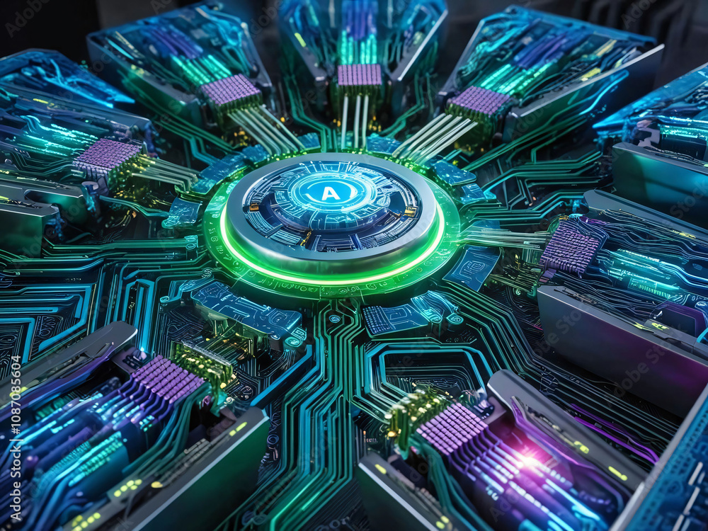 Poster a captivating circuit board features intricate designs and vibrant neon colors. the futuristic techn