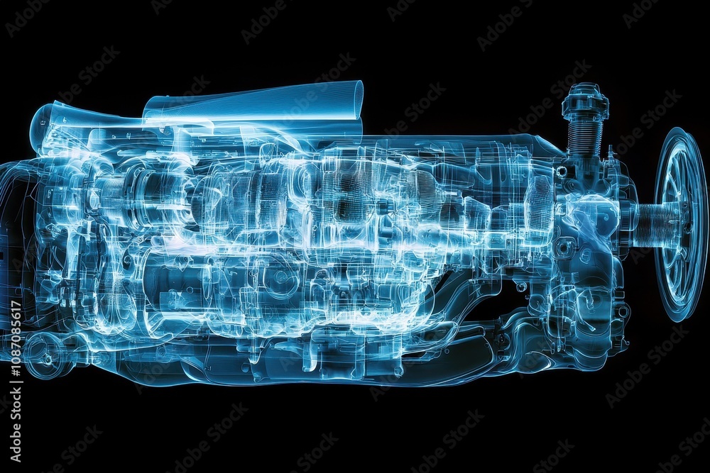 Poster high-resolution x-ray image of an engine highlighting internal components and mechanical features ag