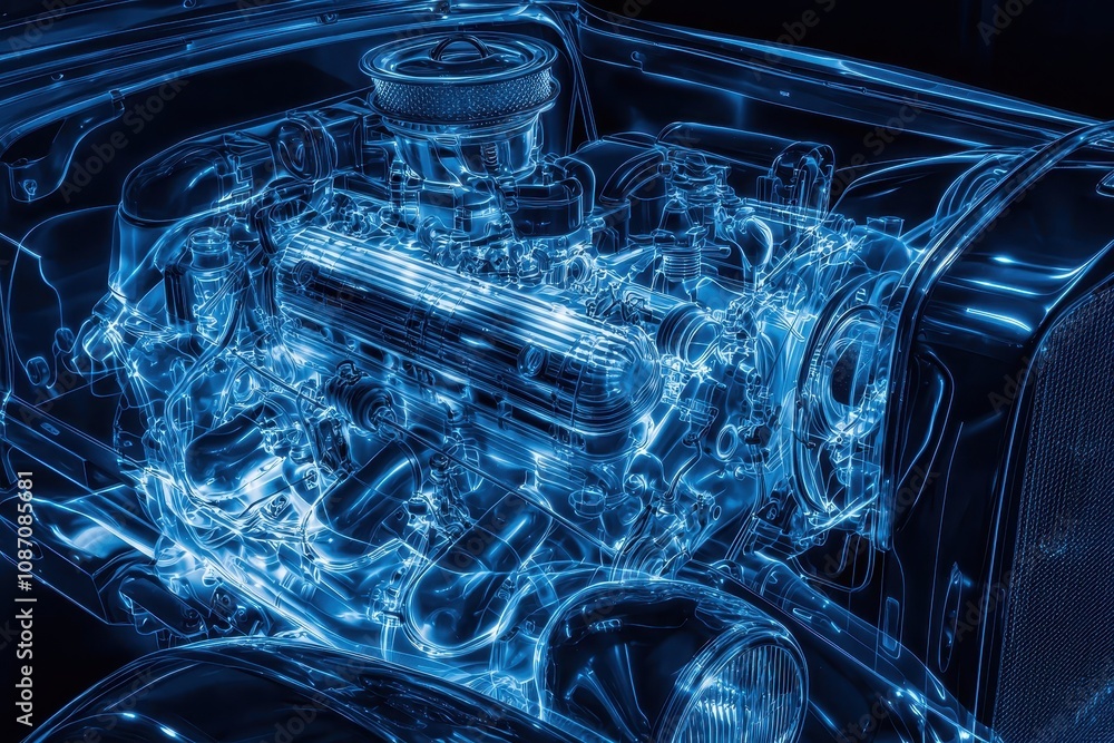 Poster Hyper-Realistic Transparent Engine Visualization Showcasing the Intricate Mechanical Details and Modern Technology of Automotive Engineering in an Artistic Blue Glow