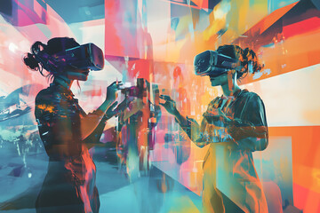 Two individuals engage interactively with virtual reality technology, merging elements of both digital and physical realms. Generative AI