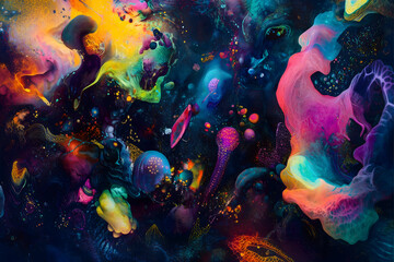 This artwork showcases a stunning array of colors and forms, depicting a surreal cosmic landscape. Generative AI
