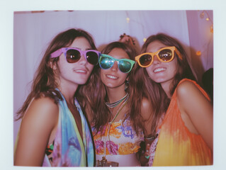 Three friends are celebrating at a themed party, wearing bright, colorful outfits and oversized sunglasses. Generative AI