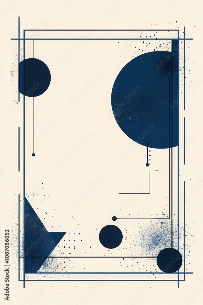 Poster geometric harmony, minimalistic vector design featuring blue and white shapes alongside an empty rec