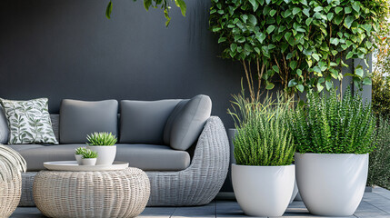 Modern Outdoor Patio with Gray Sofa and Lush Greenery