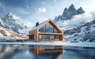 Fototapeta premium Mountain Serenity Home: A stylish wooden house set against the icy expanse of a frozen lake, with jagged alpine peaks in the background and fluffy snow blanketing the area.