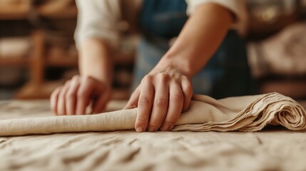 A close-up of hands carefully folding fabric on a textured surface, highlighting craftsmanship in textile work.