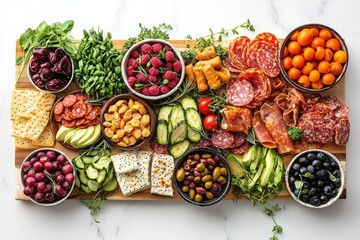 Fototapeta premium A vibrant spread of assorted fruits, meats, and crackers on a wooden platter.