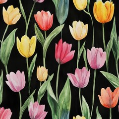 Obraz premium Hand-drawn Watercolor Floral Pattern with Spring Tulips on Black Background