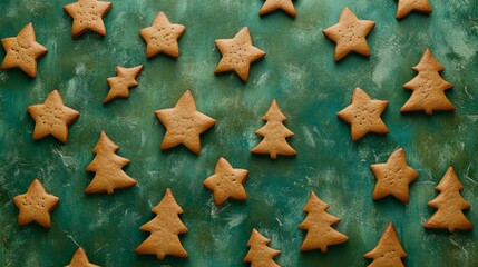 christmas gingerbread cookies and star, christmas shaped cookies on green background