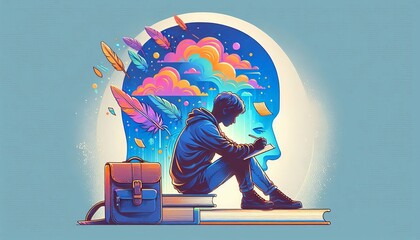 Teenager journaling journey of self-discovery and resilience through vibrant double exposure artwork