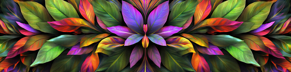 Fototapeta premium A vibrant arrangement of leaves, petals and stems explodes into a kaleidoscopic pattern, filling the frame with organic energy.