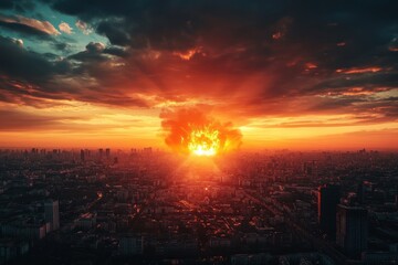 Dramatic Sunset Over Urban Landscape with Explosion Effect