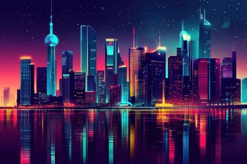 Vibrant Cityscape at Night with Reflections