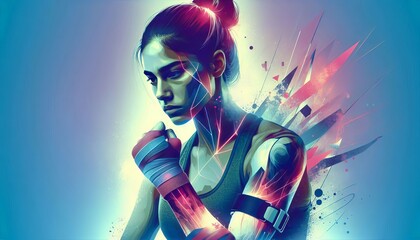 Resilient young athlete focused on recovery from sports injury with vibrant cinematic flair in abstract digital artwork