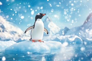 Obraz premium Cute 3D rendering penguin with fluffy feathers standing on ice floe in Antarctic with snow falling around it. Majestic mountains and snowy landscapes of Antarctica on the background, copy space. 