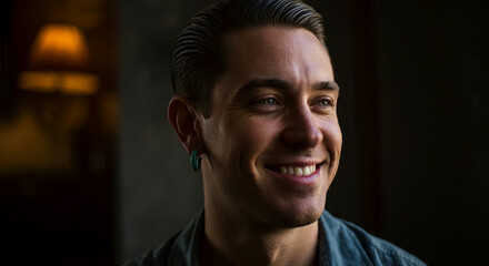 Obraz premium A smiling man wearing a small hoop earring for lifestyle and having short hair