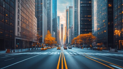 Obraz premium Urban Avenue Surrounded by Skyscrapers, Bustling street flanked by towering buildings, vibrant city life, dynamic atmosphere, urban landscape