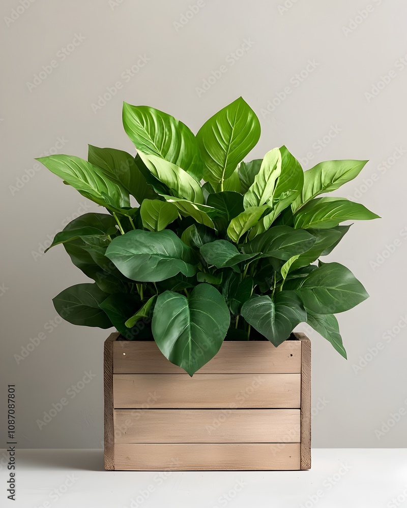 Poster rustic natural wood planter box overflowing with an eclectic array of thriving lush leafy greenery c