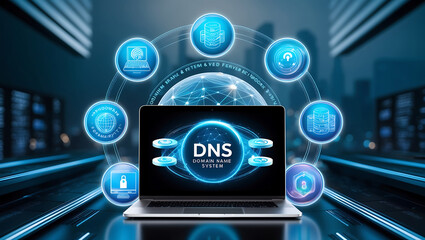 DNS domain name system and web server network system concept. A person uses a laptop, with DNS and web network icons representing domain name system, cybersecurity, and global internet connections.