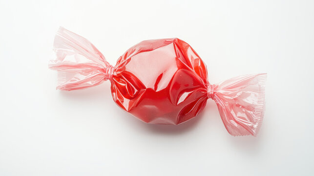 Single red candy wrapped candy sweet treat dessert confectionery delicious appetizing sugary food candy wrapper plastic wrapper round candy red wrapping glossy shiny isolated white background close