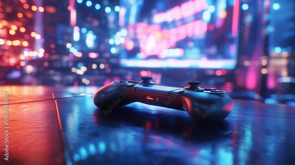 Poster a video game controller sits on a table in a dimly lit room, illuminated by vibrant red and blue lig