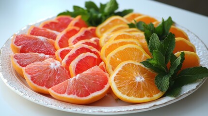 A plate of citrus fruits tangerines, oranges and grapefruits, garnished with mint sprigs on the plate on white soft background.
