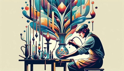Intricate vector illustration of an artisan masterfully crafting Venetian glassware in Murano, Italy, showcasing vibrant and colorful double exposure technique on a plain background