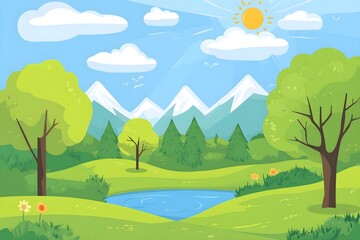 Naklejka premium Beautiful landscape vector illustration of mountains, forests, fields and meadows. Stunning panoramic farm landscape with mountains in the background. Natural landscape