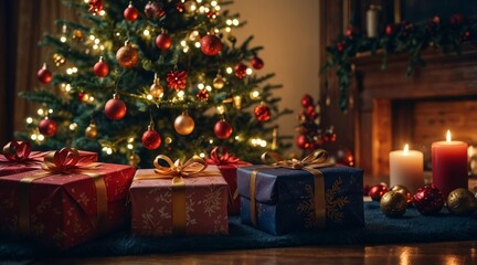 Festive Christmas gift box scene featuring a beautifully decorated tree with vibrant ornaments