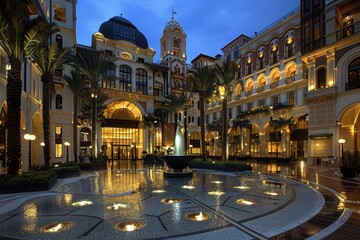 Stunning nighttime view of an illuminated luxurious architectural masterpiece with elegant detailing and lush palm trees showcasing opulence and grandeur