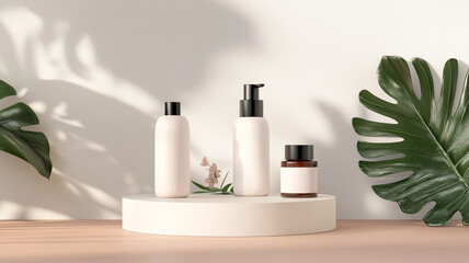 Luxury Skincare Products on Minimalist White Platform 