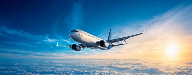 Naklejka premium An airplane soaring above the clouds against a vibrant sunrise, symbolizing travel and adventure.