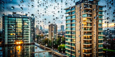 Obraz premium Long Exposure of Rain Drops on Glass with Silhouette of Modern Condominium Facade on Rainy Days Captured through a Window, Evoking a Sense of Urban Tranquility and Serenity