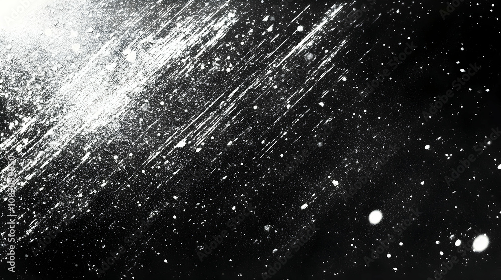 Poster abstract black and white background: streaks and splashes of white paint on dark canvas, creating a 