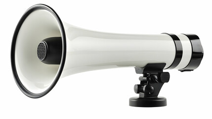 A White Megaphone with a Black Base and Speaker  Designed for Amplifying Sound and Making Announcements