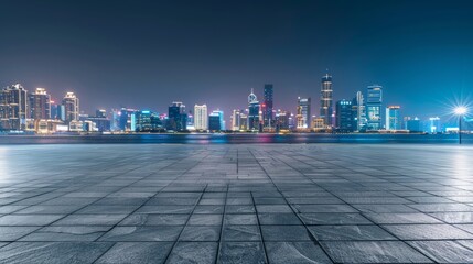 Empty square floor with city skyline background, City skyline with vibrant entertainment district, vibrant urban scene