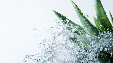 Close-up image capturing the dynamic splash of water on lush aloe vera leaves with a clean white background enhancing its freshness with a text space,generative ai