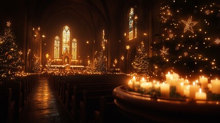 Magical Christmas Eve scene, a church glowing with candlelight during midnight service, the quiet reverence of tradition blending with the joy of the season