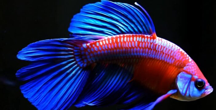 Vibrant betta fish with striking red and blue fins, isolated on a black background.  Perfect for aquarium, pet, or nature-themed projects.
